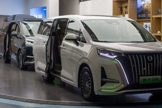 Beijing, China - July 17, 2023: Denza D9, an all-electric luxury MPV, is displayed in a Denza store in Beijing, China. Denza is an equally-owned joint venture between BYD and the Mercedes-Benz Group.