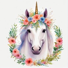 Watercolor unicorn with floral wreath on head