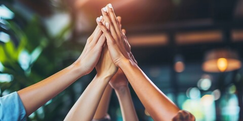 Happy young entrepreneurs high fives, concept of success celebration by hands united together.