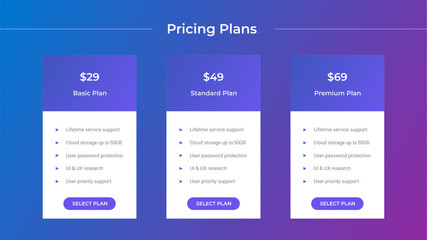 Pricing table template for web design. UI UX GUI design. Dark mode vector