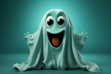 Halloween Ghost Playing Peek-a-Boo, on an isolated Boo-tiful Teal background, Generative AI