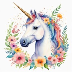 Obraz na płótnie Canvas Watercolor unicorn with flowers around