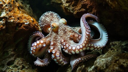 Closeup of the octo tentacles gently probing a crevice in a rock searching for food