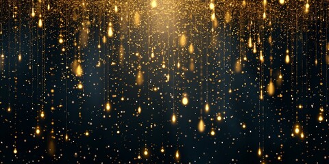 Shiny golden glitter rain draping down on black background, sparkling particles celebration...