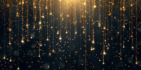 Shiny golden glitter rain draping down on black background, sparkling particles celebration background, for party, poster, greeting card, Christmas and new year.