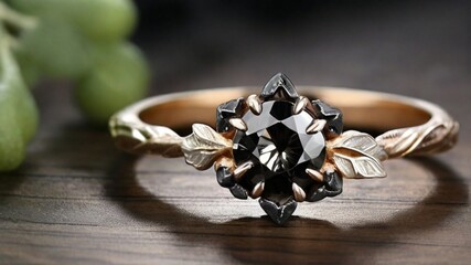 Round Cut Black Diamond Ring, Solitaire Ring, Natural Herkimer Diamond Engagement Ring, Twig And...