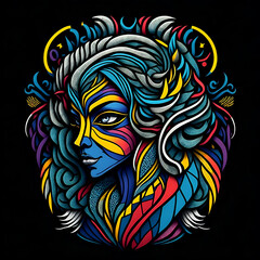 colorful tribal art and folklore illustration on dark backround
