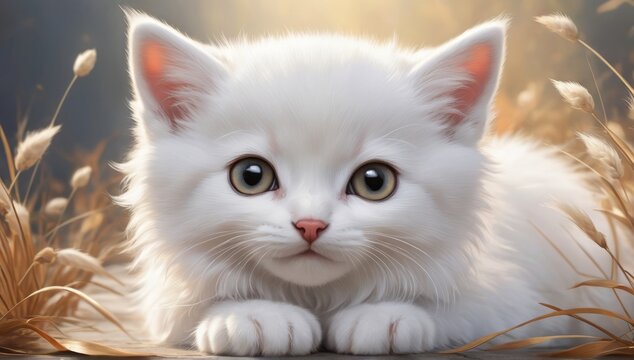 mesmerizing image, a white kitten big cute eyes