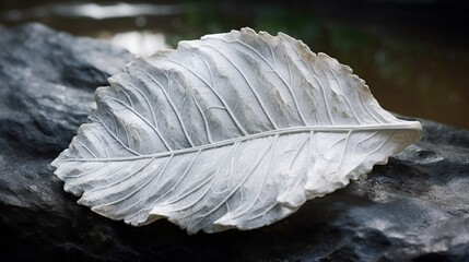 A finely carved marble sculpture of a wet leaf, capturing the elegance and beauty of nature's details