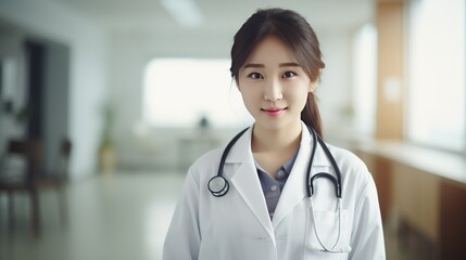 A finely detailed close-up of an Asian doctor, wearing a white coat and stethoscope