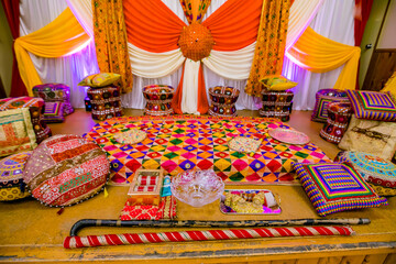 Indian Punjabi Sikh pre wedding Jago ceremony interiors, decorations and ritual items