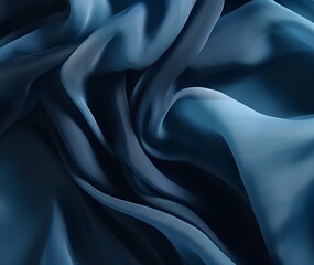 dark blue color satin fabric silk for background. blue fabric textile drape with crease wavy folds, wind movement, background, texture.