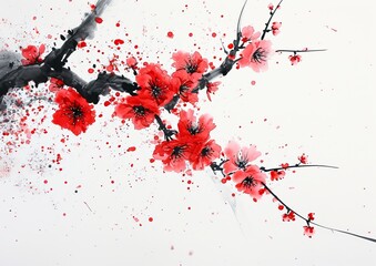 A painting of a cherry blossom branch with red flowers and black branches on a white background.