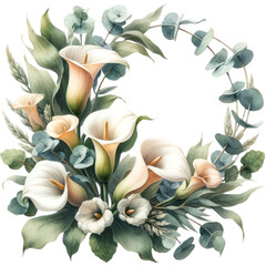 Obraz premium Calla Lilies with Eucalyptus Wreath, A watercolor painting of a wreath made of Calla Lilies mixed with eucalyptus, baptism, PNG Clipart Transparent Background