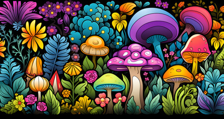 a bunch of colorful mushrooms and other plants - Powered by Adobe