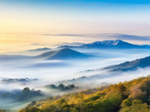 Surreal view from above fluffy clouds blanketing rolling hills at sunrise ai image 