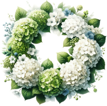 recommend clip art: Hydrangeas Wreath, A watercolor painting of a wreath made of white and green hydrangeas, baptism, PNG Clipart Transparent Background