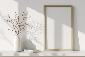 Fresh minimalist illustration, white background with green plants and blank photo frame design template