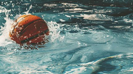 A waterlogged basketball soars through the air, capturing the thrill and fluidity of outdoor sports like water polo and swimming - obrazy, fototapety, plakaty