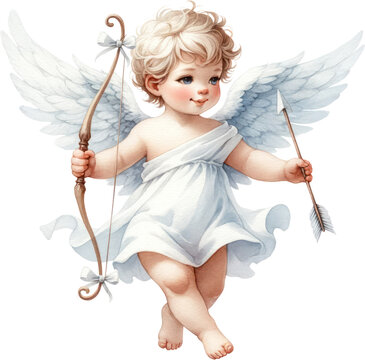 Cupid, A watercolor painting of a cupid with wings, dressed in white, baptism, PNG Clipart, High Quality Transparent Backgrounds