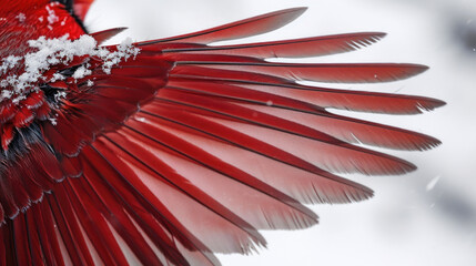 Closeup of a cardinals intricate wing pattern showcasing the intricate detail and rich hue of the birds crimson feathers against the snowy backdrop