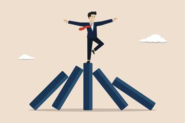 Economic balance, leadership that can be trusted or is skilled at protecting, the concept of economic balance, a reliable business leader balances the dominoes from falling.