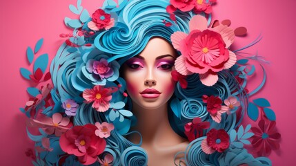 Women's Day hand crafted paper cutout art background, flowers in the shape of a woman's head, in the style of soft gradients