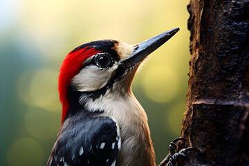 Experience the intricate details of a woodpecker in this close-up shot, showcasing its vibrant plumage and intense focus on drumming into the bark.