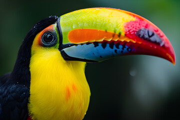 Naklejka premium Discover the vibrant world of a toucan through this stunning close-up shot, highlighting its radiant colors and distinctive beak in intricate detail.