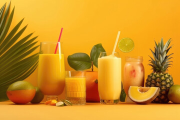 Fototapeta premium Summer drink in beach cafe on yellow background. Freshly squeezed delicious orange and refreshing pineapple juice in long glass goblet with straw. Tropical exotic fruit. Copyspace for text 