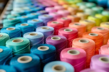 Collection of colorful spools of thread. Close-up - obrazy, fototapety, plakaty