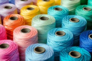 Collection of colorful spools of thread. Close-up