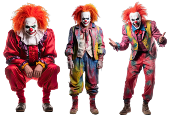 Collection of PNG. Maniac killer clown with colorful hair and joker outfit isolated on transparent background.