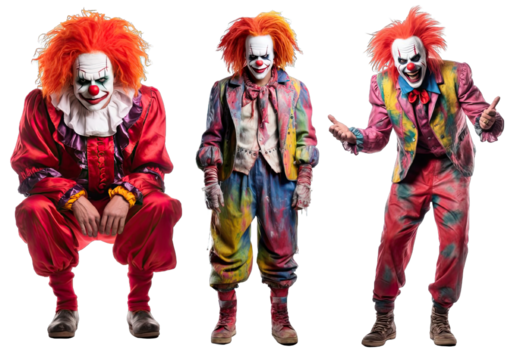 Collection of PNG. Maniac killer clown with colorful hair and joker outfit isolated on transparent background. - Powered by Adobe
