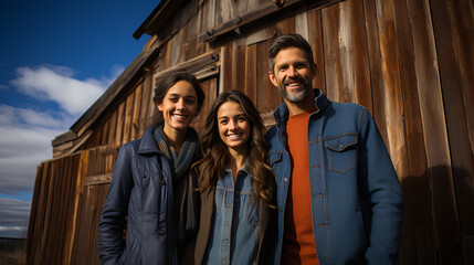 Farm Family posing in front of a barn - all-American family - winter - cold weather - low angle shot - wholesome - happy 
