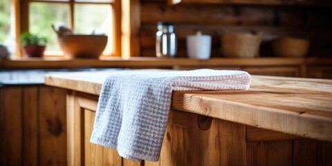 Fototapeta na wymiar Towel-covered wooden table in rustic kitchen setting