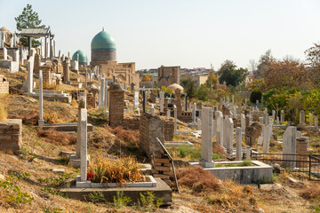 ancient Muslim cemetery with old and new graves. no inscriptions on the tombstones. Samarkand,...