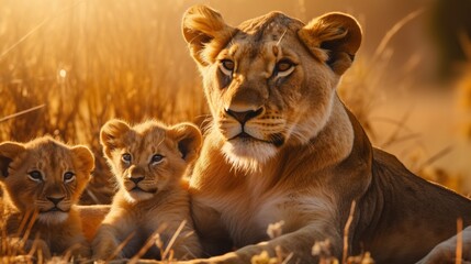 A lioness and her cubs lounging under the golden African sun on the vast savanna
