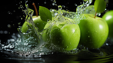 Close-up of shiny green apples with water splashing around them, highlighting their freshness on a dark background.
