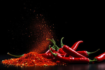 Levitation of red chili pepper whole and slices Generative AI