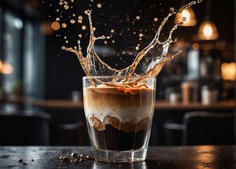 Free photo coffee splashes in white cup on Cafe background - obrazy, fototapety, plakaty