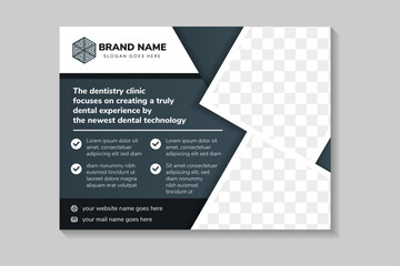the dentistry clinic banner template, healthy teeth advertisement, horizontal ad, dentist business dark element and background webpage, flyer, creative brochure. diagonal shape for photo space.