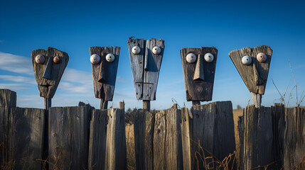 Animated wooden stick figures rising above fence - wooden faces - mischievous - quirky humor - offbeat comedy 