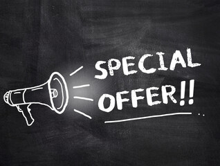 Special offer text with megaphone on chalkboard background.