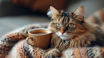 A new morning with a favorite cup of coffee and a cute cat near the window.