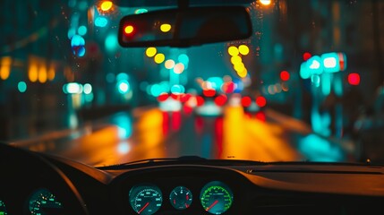 a car dashboard with a speedometer and a city street at night time - obrazy, fototapety, plakaty