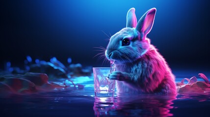 Rabbit animal drinking water Neon light AI Generated pictures - obrazy, fototapety, plakaty