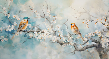 bird on a branch of a tree, watercolor painting of a forest landscape with colorful birds sitting on a tree branch