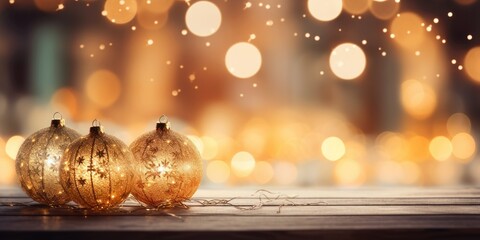 Enchanting holiday ambiance with glowing ornaments and bokeh lights.
