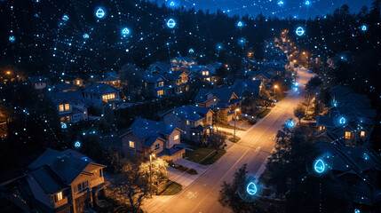 Nighttime connectivity: Dive into the world of DX, IoT, and digital networks in a suburban setting. Smart homes engage in data transactions, portrayed with generative AI finesse.